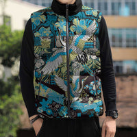 Japanese Hawaiian Crane Sleeveless Puffer Jacket Blue Tapa Patchwork Pattern LT9 - Polynesian Pride