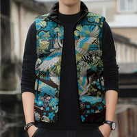 Japanese Hawaiian Crane Sleeveless Puffer Jacket Blue Tapa Patchwork Pattern LT9 - Polynesian Pride