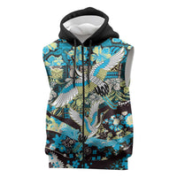 Japanese Hawaiian Crane Sleeveless Zip Hoodie Blue Tapa Patchwork Pattern LT9 Blue - Polynesian Pride