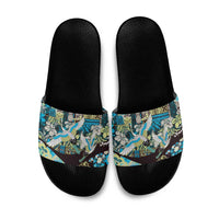 Japanese Hawaiian Crane Slide Sandals Blue Tapa Patchwork Pattern LT9 Blue - Polynesian Pride