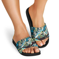 Japanese Hawaiian Crane Slide Sandals Blue Tapa Patchwork Pattern LT9 - Polynesian Pride