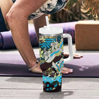 Japanese Hawaiian Crane Tumbler With Handle Blue Tapa Patchwork Pattern LT9 - Polynesian Pride