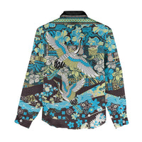 Japanese Hawaiian Crane Women Casual Shirt Blue Tapa Patchwork Pattern LT9 - Polynesian Pride
