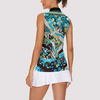 Japanese Hawaiian Crane Women Sleeveless Polo Shirt Blue Tapa Patchwork Pattern LT9 - Polynesian Pride