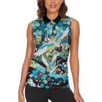 Japanese Hawaiian Crane Women Sleeveless Polo Shirt Blue Tapa Patchwork Pattern LT9 - Polynesian Pride