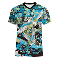 Japanese Hawaiian Crane Women V-Neck T-Shirt Blue Tapa Patchwork Pattern LT9 Female Blue - Polynesian Pride