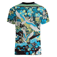 Japanese Hawaiian Crane Women V-Neck T-Shirt Blue Tapa Patchwork Pattern LT9 - Polynesian Pride