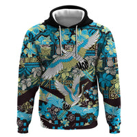 Japanese Hawaiian Crane Zip Hoodie Blue Tapa Patchwork Pattern LT9 Pullover Hoodie Blue - Polynesian Pride