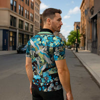 Japanese Hawaiian Crane Zipper Polo Shirt Blue Tapa Patchwork Pattern LT9 - Polynesian Pride