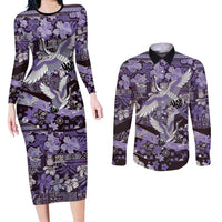 Japanese Hawaiian Crane Couples Matching Long Sleeve Bodycon Dress and Long Sleeve Button Shirt Purple Tapa Patchwork Pattern LT9 Purple - Polynesian Pride