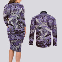 Japanese Hawaiian Crane Couples Matching Long Sleeve Bodycon Dress and Long Sleeve Button Shirt Purple Tapa Patchwork Pattern LT9 - Polynesian Pride