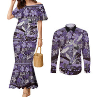 Japanese Hawaiian Crane Couples Matching Mermaid Dress and Long Sleeve Button Shirt Purple Tapa Patchwork Pattern LT9 Purple - Polynesian Pride