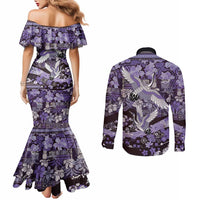 Japanese Hawaiian Crane Couples Matching Mermaid Dress and Long Sleeve Button Shirt Purple Tapa Patchwork Pattern LT9 - Polynesian Pride