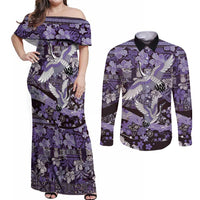 Japanese Hawaiian Crane Couples Matching Off Shoulder Maxi Dress and Long Sleeve Button Shirt Purple Tapa Patchwork Pattern LT9 Purple - Polynesian Pride