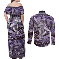 Japanese Hawaiian Crane Couples Matching Off Shoulder Maxi Dress and Long Sleeve Button Shirt Purple Tapa Patchwork Pattern LT9 - Polynesian Pride