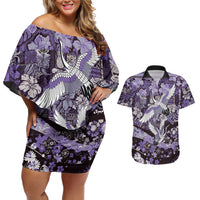 Japanese Hawaiian Crane Couples Matching Off Shoulder Short Dress and Hawaiian Shirt Purple Tapa Patchwork Pattern LT9 Purple - Polynesian Pride