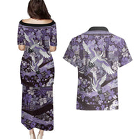 Japanese Hawaiian Crane Couples Matching Puletasi and Hawaiian Shirt Purple Tapa Patchwork Pattern LT9 - Polynesian Pride