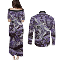 Japanese Hawaiian Crane Couples Matching Puletasi and Long Sleeve Button Shirt Purple Tapa Patchwork Pattern LT9 - Polynesian Pride