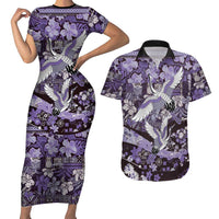 Japanese Hawaiian Crane Couples Matching Short Sleeve Bodycon Dress and Hawaiian Shirt Purple Tapa Patchwork Pattern LT9 Purple - Polynesian Pride