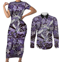Japanese Hawaiian Crane Couples Matching Short Sleeve Bodycon Dress and Long Sleeve Button Shirt Purple Tapa Patchwork Pattern LT9 Purple - Polynesian Pride
