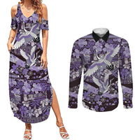 Japanese Hawaiian Crane Couples Matching Summer Maxi Dress and Long Sleeve Button Shirt Purple Tapa Patchwork Pattern LT9 Purple - Polynesian Pride