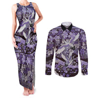 Japanese Hawaiian Crane Couples Matching Tank Maxi Dress and Long Sleeve Button Shirt Purple Tapa Patchwork Pattern LT9 Purple - Polynesian Pride