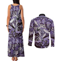 Japanese Hawaiian Crane Couples Matching Tank Maxi Dress and Long Sleeve Button Shirt Purple Tapa Patchwork Pattern LT9 - Polynesian Pride
