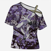 Japanese Hawaiian Crane Cross Shoulder Shirt Purple Tapa Patchwork Pattern LT9 Female Purple - Polynesian Pride