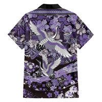 Japanese Hawaiian Crane Family Matching Off The Shoulder Long Sleeve Dress and Hawaiian Shirt Purple Tapa Patchwork Pattern