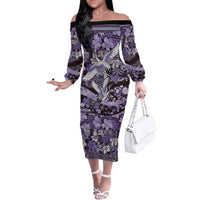 Japanese Hawaiian Crane Family Matching Off The Shoulder Long Sleeve Dress and Hawaiian Shirt Purple Tapa Patchwork Pattern