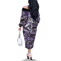 Japanese Hawaiian Crane Family Matching Off The Shoulder Long Sleeve Dress and Hawaiian Shirt Purple Tapa Patchwork Pattern