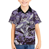 Japanese Hawaiian Crane Family Matching Puletasi and Hawaiian Shirt Purple Tapa Patchwork Pattern LT9 Son's Shirt Purple - Polynesian Pride