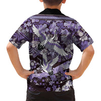 Japanese Hawaiian Crane Hawaiian Shirt Purple Tapa Patchwork Pattern