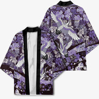 Japanese Hawaiian Crane Kimono Purple Tapa Patchwork Pattern