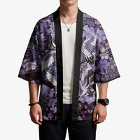 Japanese Hawaiian Crane Kimono Purple Tapa Patchwork Pattern