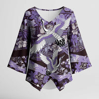 Japanese Hawaiian Crane Kimono Sleeve Blouse Purple Tapa Patchwork Pattern LT9 Female Purple - Polynesian Pride
