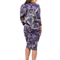 Japanese Hawaiian Crane Long Sleeve Bodycon Dress Purple Tapa Patchwork Pattern LT9 - Polynesian Pride