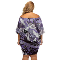 Japanese Hawaiian Crane Off Shoulder Short Dress Purple Tapa Patchwork Pattern LT9 - Polynesian Pride