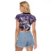 Japanese Hawaiian Crane Raglan Cropped T Shirt Purple Tapa Patchwork Pattern LT9 - Polynesian Pride