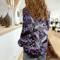 Japanese Hawaiian Crane Women Casual Shirt Purple Tapa Patchwork Pattern LT9 - Polynesian Pride