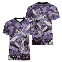 Japanese Hawaiian Crane Women V-Neck T-Shirt Purple Tapa Patchwork Pattern LT9 - Polynesian Pride
