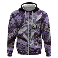 Japanese Hawaiian Crane Zip Hoodie Purple Tapa Patchwork Pattern LT9 Zip Hoodie Purple - Polynesian Pride