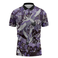 Japanese Hawaiian Crane Zipper Polo Shirt Purple Tapa Patchwork Pattern LT9 Purple - Polynesian Pride