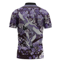 Japanese Hawaiian Crane Zipper Polo Shirt Purple Tapa Patchwork Pattern LT9 - Polynesian Pride