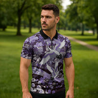 Japanese Hawaiian Crane Zipper Polo Shirt Purple Tapa Patchwork Pattern LT9 - Polynesian Pride