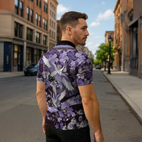 Japanese Hawaiian Crane Zipper Polo Shirt Purple Tapa Patchwork Pattern LT9 - Polynesian Pride