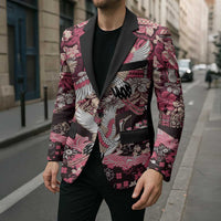 Japanese Hawaiian Crane Blazer Soft Pink Tapa Patchwork Pattern LT9 - Polynesian Pride