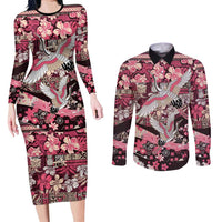 Japanese Hawaiian Crane Couples Matching Long Sleeve Bodycon Dress and Long Sleeve Button Shirt Soft Pink Tapa Patchwork Pattern LT9 Pink - Polynesian Pride