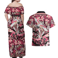 Japanese Hawaiian Crane Couples Matching Off Shoulder Maxi Dress and Hawaiian Shirt Soft Pink Tapa Patchwork Pattern LT9 - Polynesian Pride