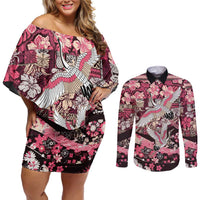 Japanese Hawaiian Crane Couples Matching Off Shoulder Short Dress and Long Sleeve Button Shirt Soft Pink Tapa Patchwork Pattern LT9 Pink - Polynesian Pride